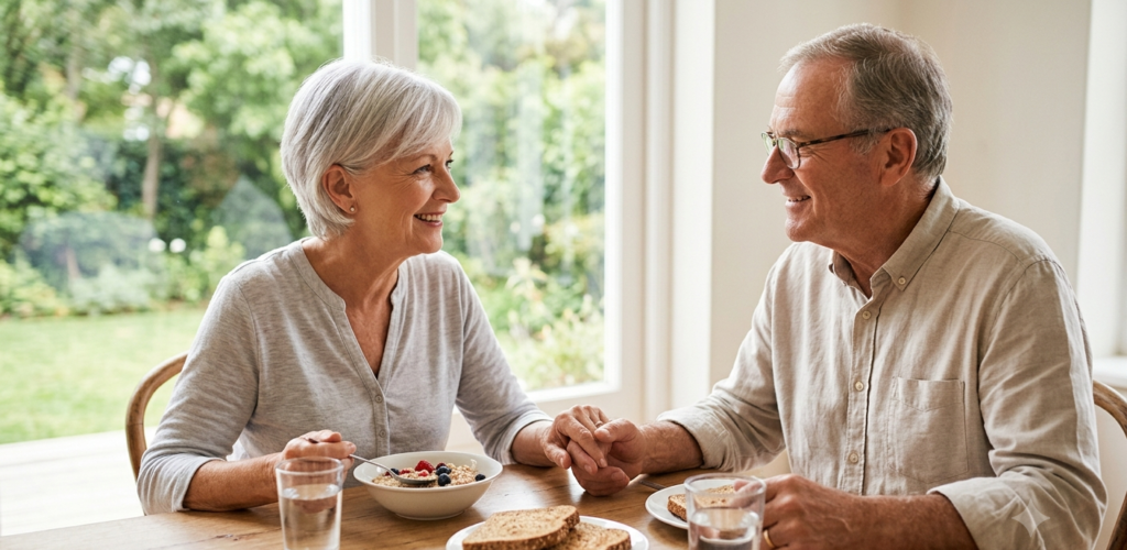 A smiling senior couple enjoys a balanced, healthy breakfast by a sunlit window, representing a life free from discomfort after managing common senior digestive issues.