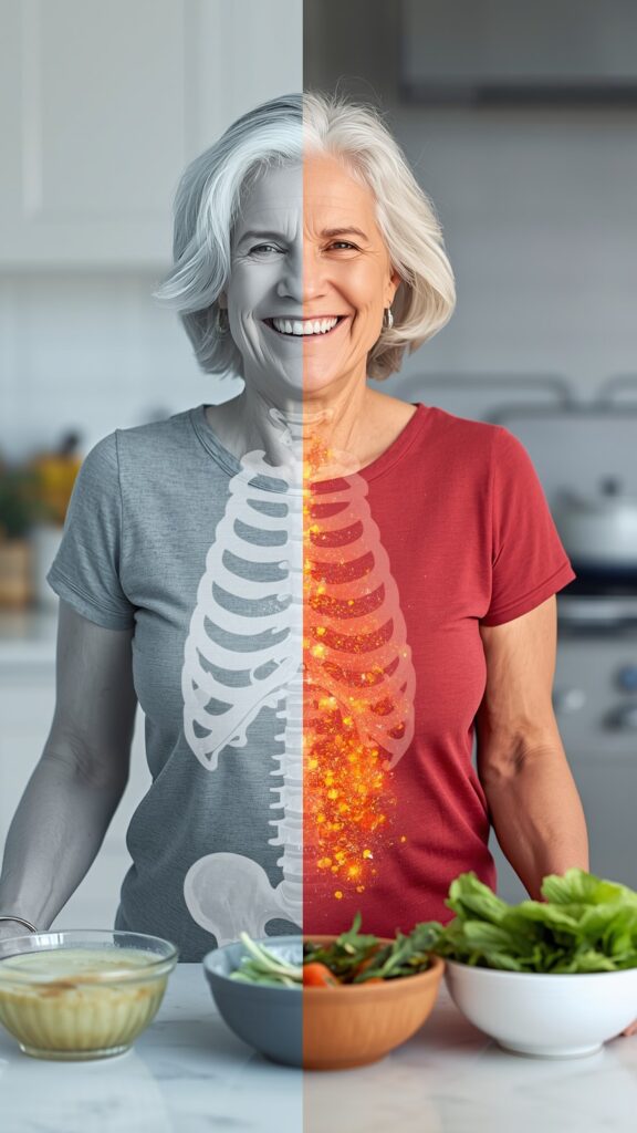Vibrant senior woman in a kitchen, illustrating how probiotics for osteoporosis support bone density