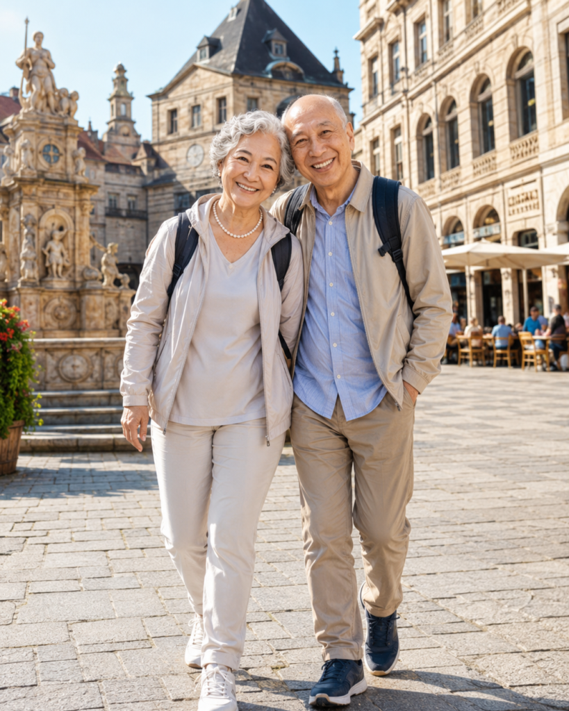 A healthy couple enjoying a vacation in a historic city, highlighting the importance of regaining strength for travel after 50.