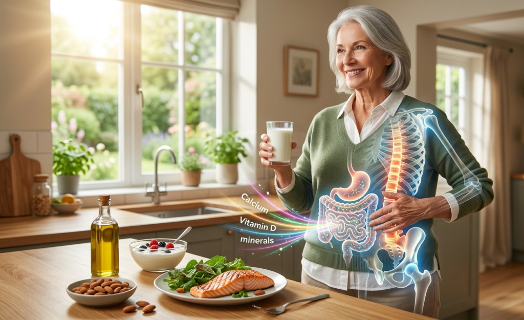 A conceptual photograph of an active senior woman holding kefir, illustrating nutrient absorption from a healthy gut into dense, strong bones, emphasizing improving senior bone density.