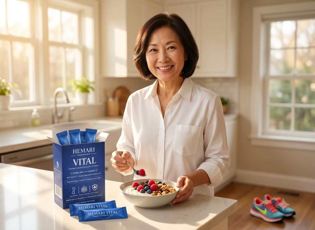 An active older adult preparing a healthy probiotic breakfast after a workout, highlighting strategies for improving health biomarkers after 50